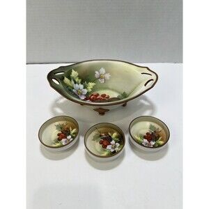Nippon MORIMURA Footed Nut Bowl Hand Painted Moriage Flowers Fruit Motif